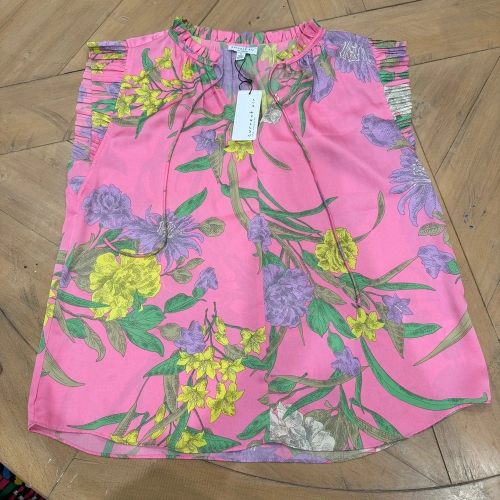 Current Air Floral Pink Women's Shirt With Ruffle Sleeves Medium NWT - Picture 1 of 7